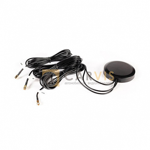 Широкополосная внешняя антенна 3 в 1 CARVIS с черным овальным корпусом и тройным кабелем для подключения, предназначенная для улучшения приема сигналов GPS, Wi-Fi и GSM в автомобильных видеонаблюдениях и системах телематики.