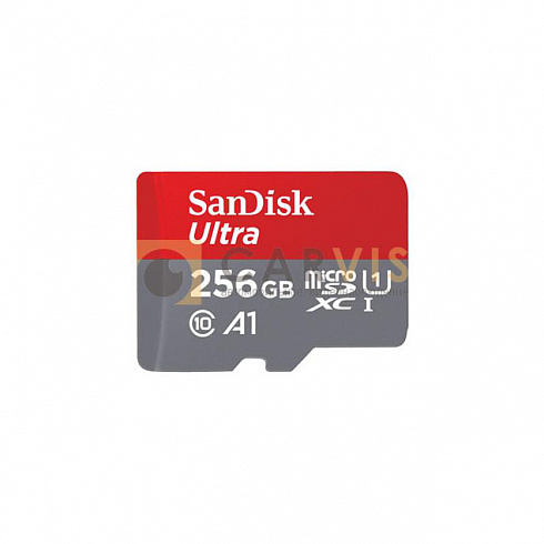 MicroSD карта SanDisk Ultra емкостью 256 ГБ, класс 10, A1, XC I, предназначенная для высокоскоростной записи и хранения данных в устройствах автомобильного видеонаблюдения и других цифровых устройствах.