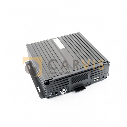 Видеорегистратор CARVIS MD-438HDD для автомобильного видеонаблюдения в черном металлическом корпусе с ребрами охлаждения, светодиодными индикаторами, портами USB и HDMI, предназначенный для записи и хранения видеоданных на жестком диске.